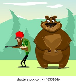 Hunter in woods hunting for bear. vector. flat illustration