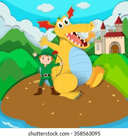 Hunter and yellow dragon on island illustration