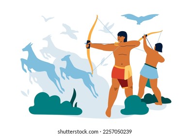Cazadores con arcos - moderna ilustración vectorial de color sobre fondo blanco con dos guerreros que apuntaron sus flechas al ciervo y al pájaro. Mineros de la antigua tribu, sobreviviendo en la naturaleza