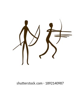 Hunters Cave paintings - ancient hand-painted petroglyphs. Prehistoric hunters in a tribal style. Vector illustration.