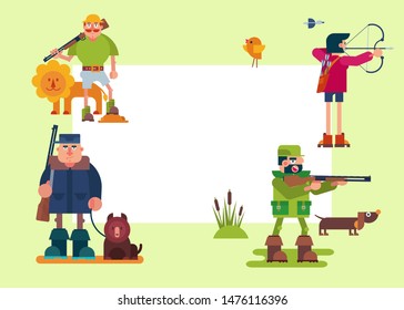 Hunters characters vector cartoon illustrations. Various hunter with riffle, gun, bow and animals. Safari hunting with lion, forest hunt and bear and duck shooting frame.