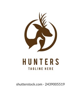 Plantilla de vector de logotipo de espacio negativo de ciervo y pato de diseño de logotipo creativo Hunters