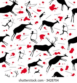 Cazadores y ciervos. Papel de paredes sin costura vectorial basado en pinturas rupestres