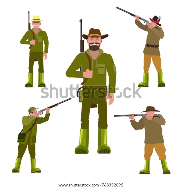 様々なポーズの銃を持つ猟師 白い背景にベクターイラストのセット のベクター画像素材 ロイヤリティフリー
