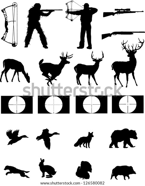 Hunters and the hunted silhouettes\
collection,hunters, wildlife,weapons with site\
scopes.