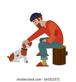 Hunters isolated on white background. Young hunter with big beard storking his small brown an white dog. Best friends. Vector illustration art.