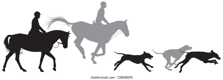 Hunters on horses and running foxhound dogs silhouettes, Fox hunting, Hunting with hounds vector illustration 