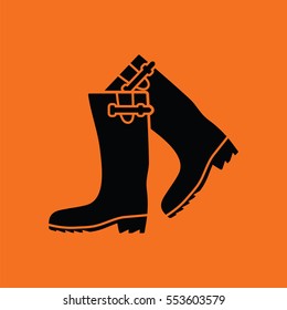 Hunter's rubber boots icon. Orange background with black. Vector illustration.