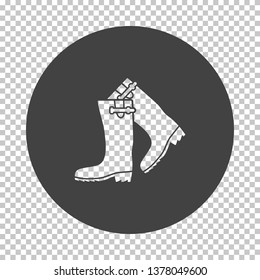 Hunter's rubber boots icon. Subtract stencil design on tranparency grid. Vector illustration.