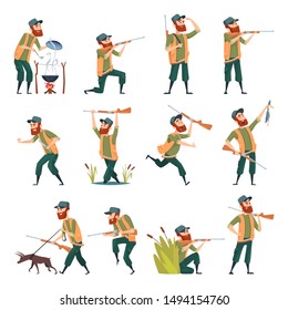 Hunters. Sniper outdoor human with weapons duck hunting in action poses vector characters
