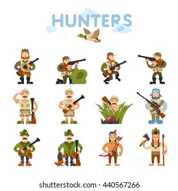 Hunters vector illustration. Hunters isolated on white background. Hunters vector icon illustration. Hunters isolated vector. Hunters silhouette. Hunters in cartoon style. Hunters with different gear.