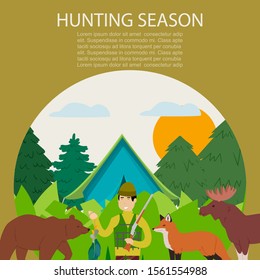 Hunting animals in forest hunt vector illustration. Flat desing of hunter man with rifle and trophy of ducks on hunting open season for wild animals. Elk, bear and fox in nature park.