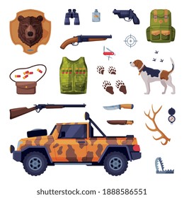 Jagdattribute Set, Jäger-Ketten und Ausrüstung Flache Vektorgrafik