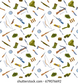 Hunting background seamless pattern with equipment, guns, hat, compass, crossbow, bow, arrows, bullet, knife, spear, rubber boots, rucksack, flashlight vector illustration