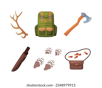 Hunting with Backpack, Antler, Axe, Knife Sheath, Bag with Bullet and Trace Vector Set