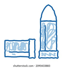 Cazar vector de icono de esbozo de viñeta. Dibujo manual del dibujo de la línea azul del doodle. Cartel de la bala de caza. ilustración de símbolo aislado