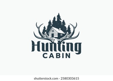 hunting cabin logo with combination of a log house, deer antler and pine forest. It is good for cabin rental, lodge, adventure business etc.