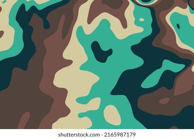 Hunting camo background. Abstract camouflage military texture design. Trendy liquid spots pattern. Brown, green, olive, and khaki colors