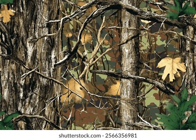 Hunting Camouflage Featuring Detailed Tree Textures and Woodland Motifs