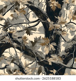 Hunting camouflage modern pattern, vector military print. real tree forest camouflage seamless pattern. Forest leaves vector camouflage background