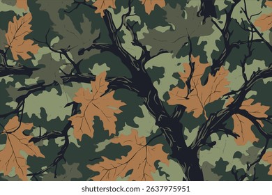 Hunting camouflage modern pattern, vector military print. real tree forest camouflage seamless pattern. Forest leaves vector camouflage background