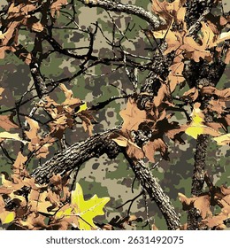 Hunting camouflage with oak tree for hunting and military. Hunting camouflage seamless pattern design. Digital camo. Vector camouflage background. Woodland. Abstract camouflage. Real tree pattern