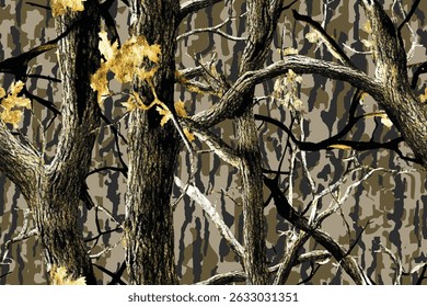 Hunting camouflage with oak tree for hunting and military. Hunting camouflage seamless pattern design. Digital camo. Vector camouflage background. Woodland. Abstract camouflage. Real tree pattern