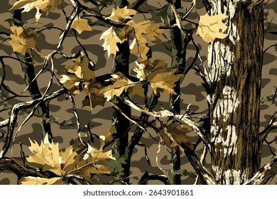 Hunting camouflage with oak tree for hunting and military. Hunting camouflage seamless pattern design. Digital camo. Vector camouflage background. Woodland. Abstract camouflage. Real tree pattern