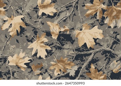 Caça camuflagem com carvalho para caça e militar. Caça de camuflagem sem emenda projeto padrão. Ilustração de vetor, padrão de caça contínuo
