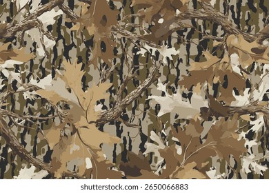 Hunting camouflage with oak tree for hunting and military. Hunting camouflage seamless pattern design. Digital camo. Vector camouflage background. Woodland. Abstract camouflage. Real tree pattern