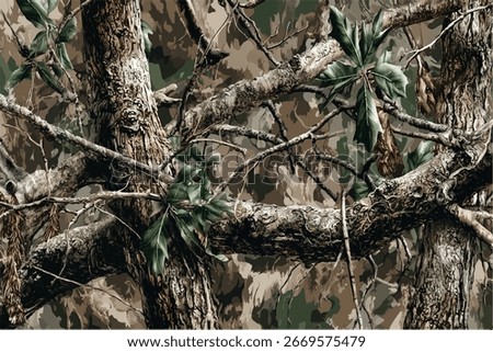  hunting camouflage pattern. Real tree camouflage seamless pattern. Hunting camouflage background. Military camo design.