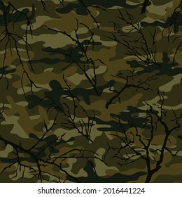 Cazando patrón de camuflaje con ramas de árbol. Patrón forestal. Vector.