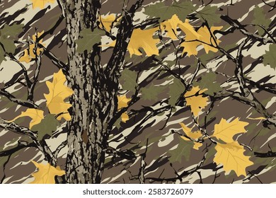 Hunting camouflage. Real tree forest camouflage seamless pattern design pattern for hunting and military uniform. Deer hunting. Camouflage background