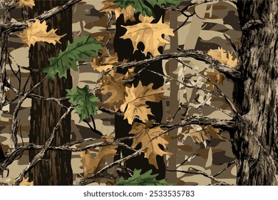 Hunting camouflage Seamles pattern. Real tree forest camouflage seamless pattern design pattern for hunting and military uniform