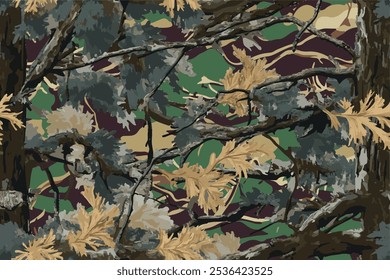 Hunting camouflage seamless pattern. Forest hunting camouflage. Camouflage pattern with barks, leaves, stems