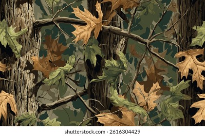 Hunting camouflage Seamless pattern. Real tree forest camouflage seamless pattern design pattern for hunting and military uniform.