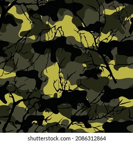Hunting camouflage with tree branches. Vector pattern for clothes.