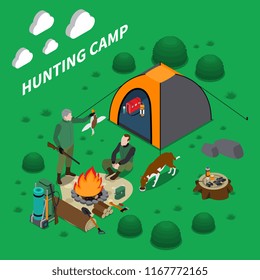 Hunting camp isometric composition with men dog and campfire symbols vector illustration