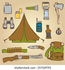 Hunting, camping set. Hand drawn design elements. Vector illustration.