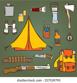 Hunting, camping set. Hand drawn design elements. Vector illustration.