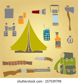 Hunting, camping set. Hand drawn design elements. Vector illustration.