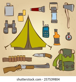 Hunting, camping set. Hand drawn design elements. Vector illustration.