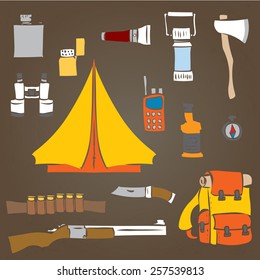Hunting, camping set. Hand drawn design elements. Vector illustration.