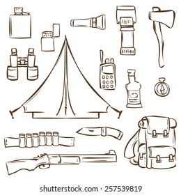 Hunting, camping set. Hand drawn design elements. Vector illustration.