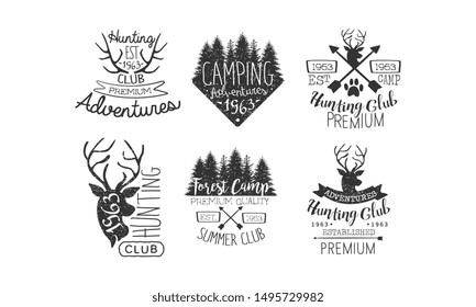Hunting Club, Adventures Premium Retro Labels Set, Forest Camp, Summer Club Emblems Vector Illustration
