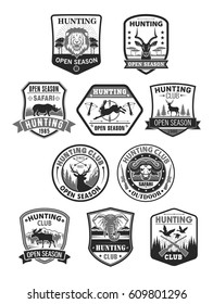 Hunting Club Badges. Hunt Open Season Or Hunter Adventure Icons Wild Animals Hare Rabbit, Deer Or Elk And Ducks. African Safari Hunt Lion, Gazelle And Rhinoceros Elephant. Vector Isolated Symbols Set.