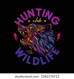 Hunting club emblem with abstract bear. Original vector illustration in vintage style. T-shirt design. Hand drawn, not AI