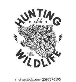 Hunting club emblem with abstract bear. Original vector illustration in vintage style. T-shirt design. Hand drawn, not AI