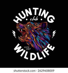 Emblème de club de chasse avec ours abstrait. Illustration vectorielle originale de style vintage. Conception de t-shirt. Dessiné à la main, pas AI