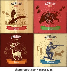 Hunting club emblems set with different wild animals hound and hunter in vintage style vector illustration